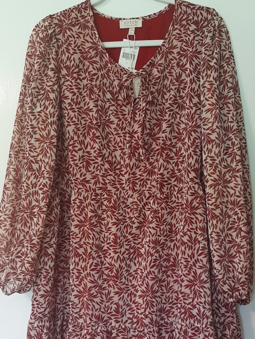 Stitch By Chenault Dress Size L Leaf-Print Midi Dress with Tie Neck New